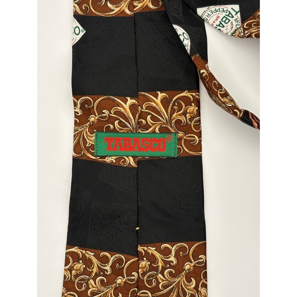Tabasco Silk Tie Gulf Shrimp Pepper Sauce Gold Filigree Black Novelty Necktie - Picture 2 of 3